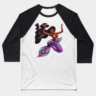 mermaid with flowing braids 2, brown eyes curly Afro hair and caramel brown skin. Black mermaid Baseball T-Shirt